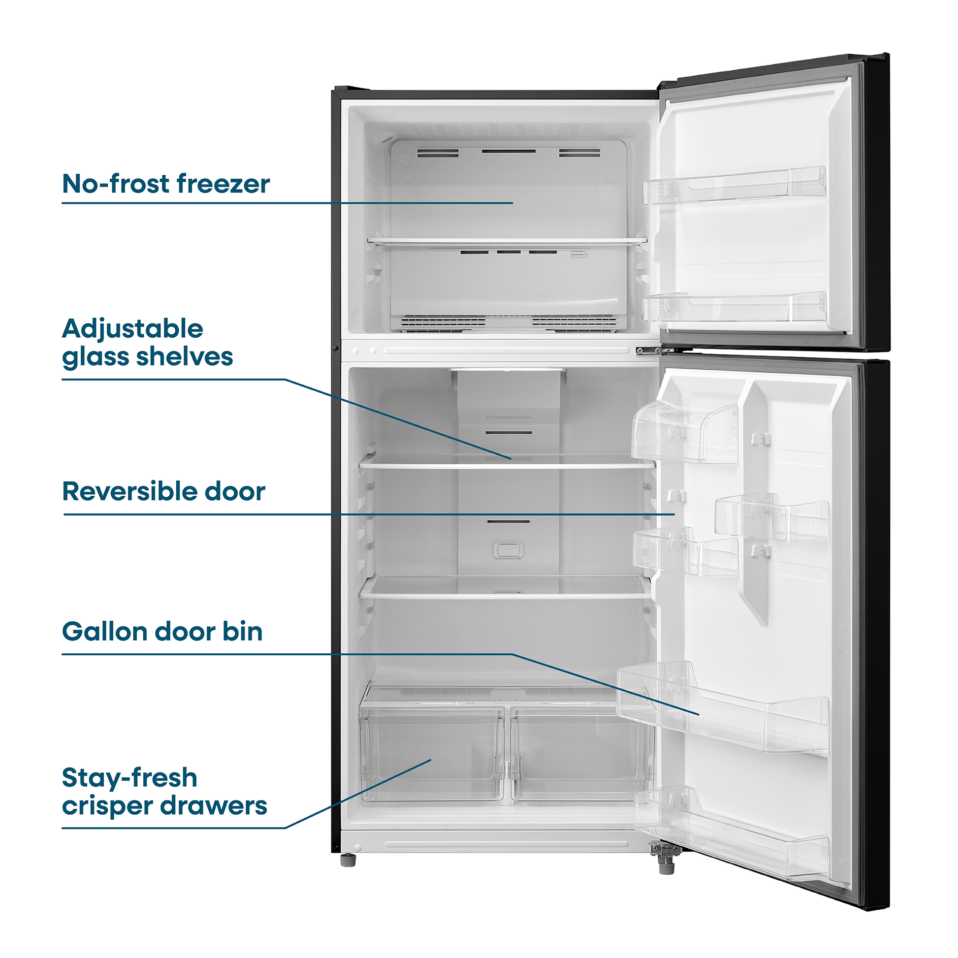 Black top freezer refrigerator with no-frost freezer, adjustable shelves, reversible door, gallon bin, and crisper drawers in appliances collection