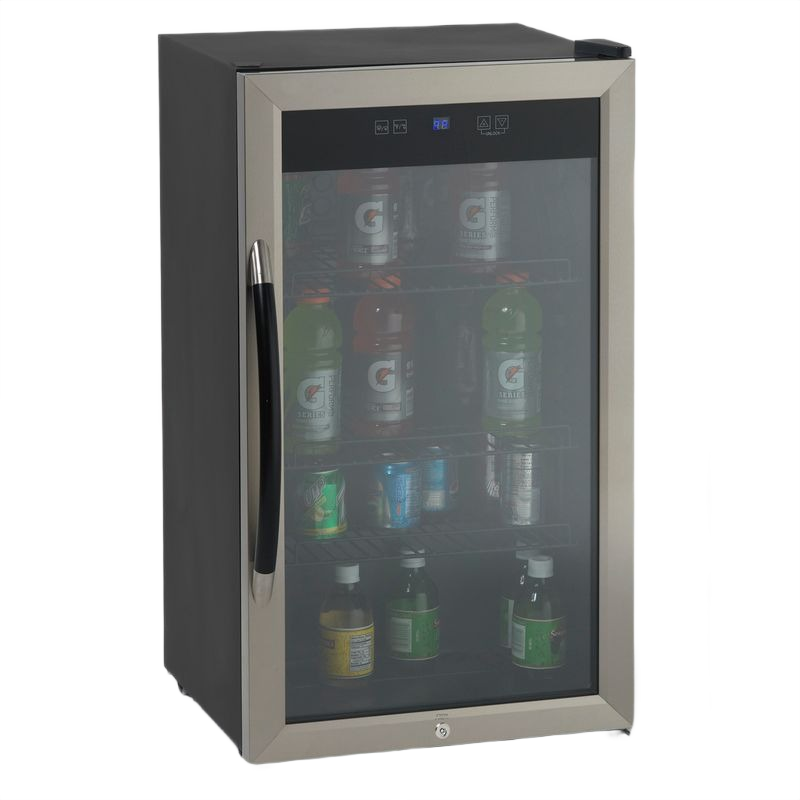3.0 cubic foot beverage cooler with stainless steel frame and glass door stocked with assorted drinks from appliances collection