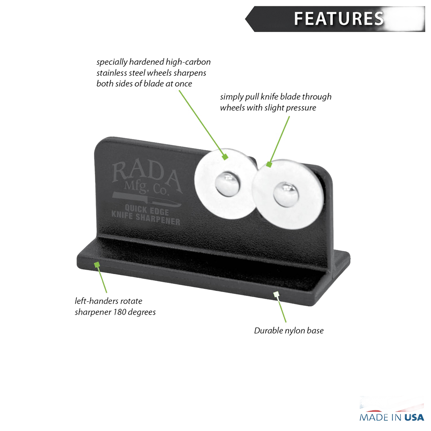 Black Rada knife sharpener with dual stainless steel discs and rubber base for stable kitchen gadget use