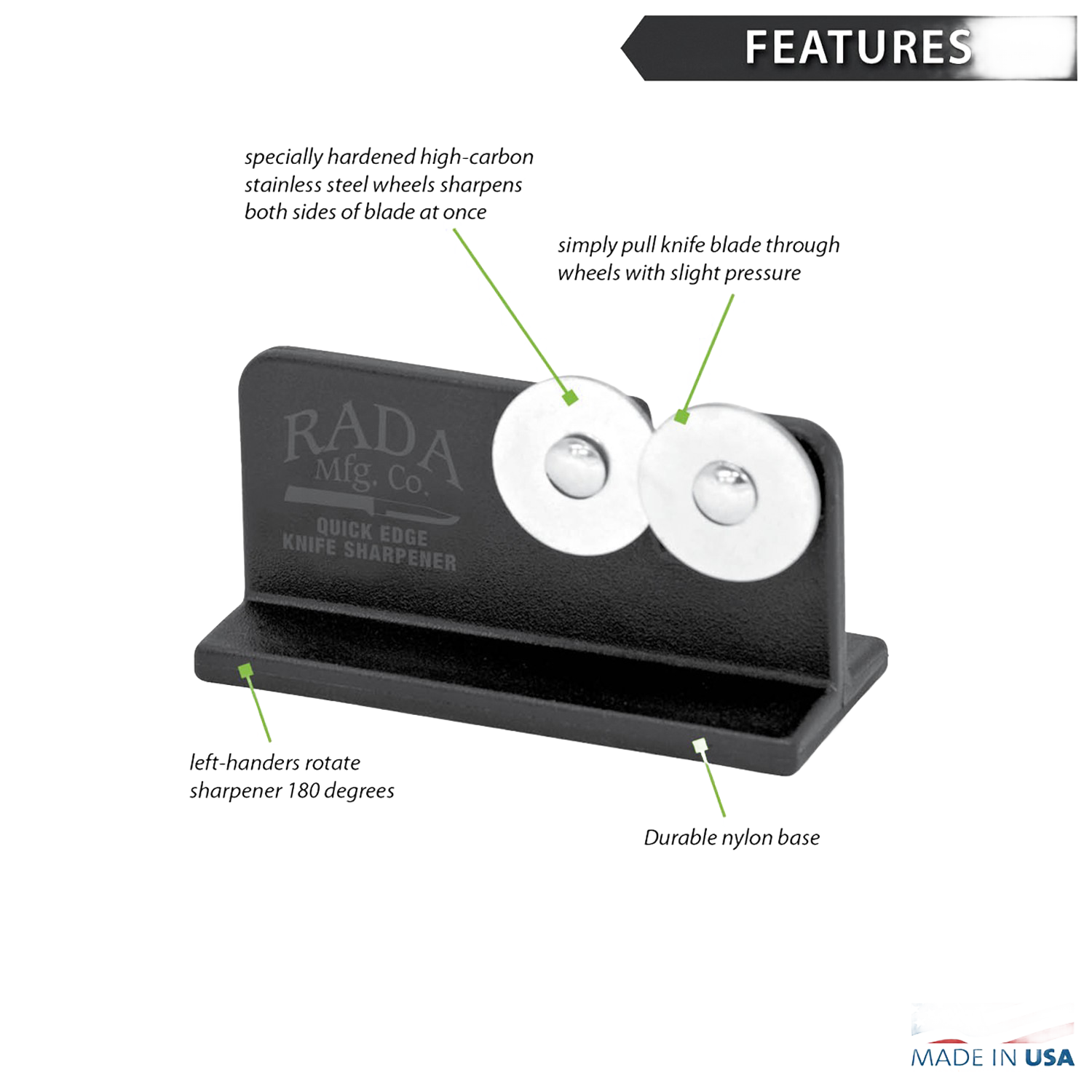 Black Rada knife sharpener with dual stainless steel discs and rubber base for stable kitchen gadget use