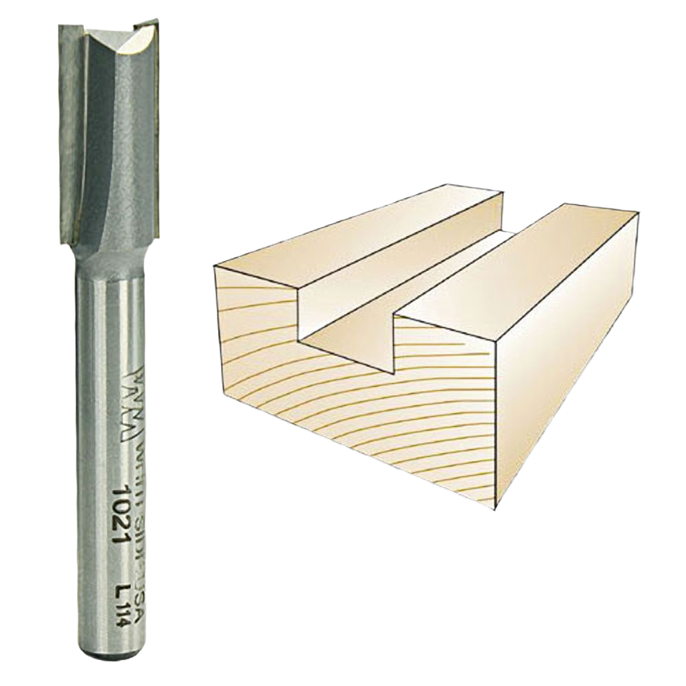 Carbide-tipped straight router bit with shank and cutting dimensions, for woodworking grooves and dado cuts
