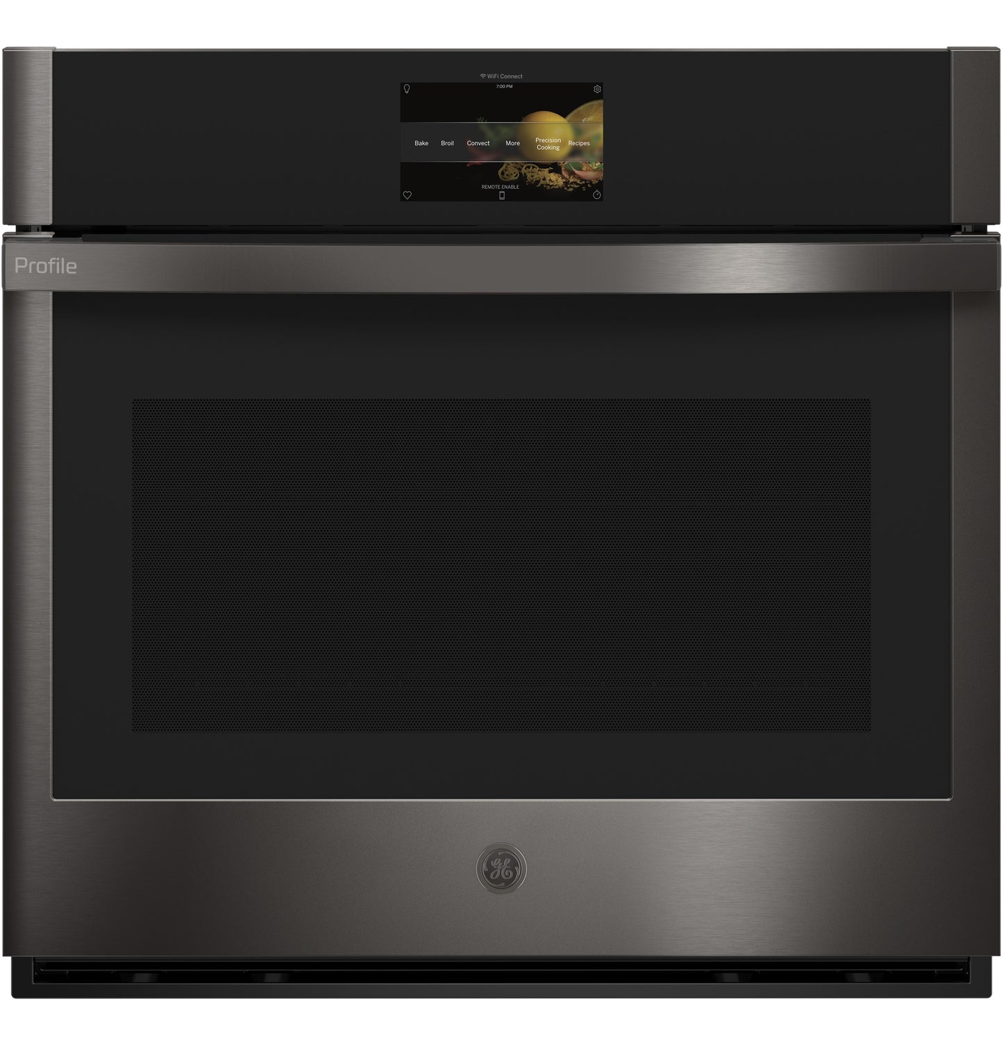 Sleek dark stainless steel single wall oven with touchscreen control panel for advanced cooking in kitchen appliances collection