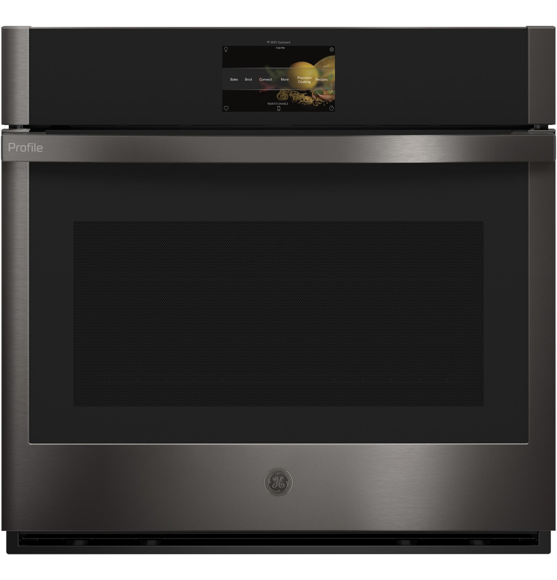 Sleek dark stainless steel single wall oven with touchscreen control panel for advanced cooking in kitchen appliances collection