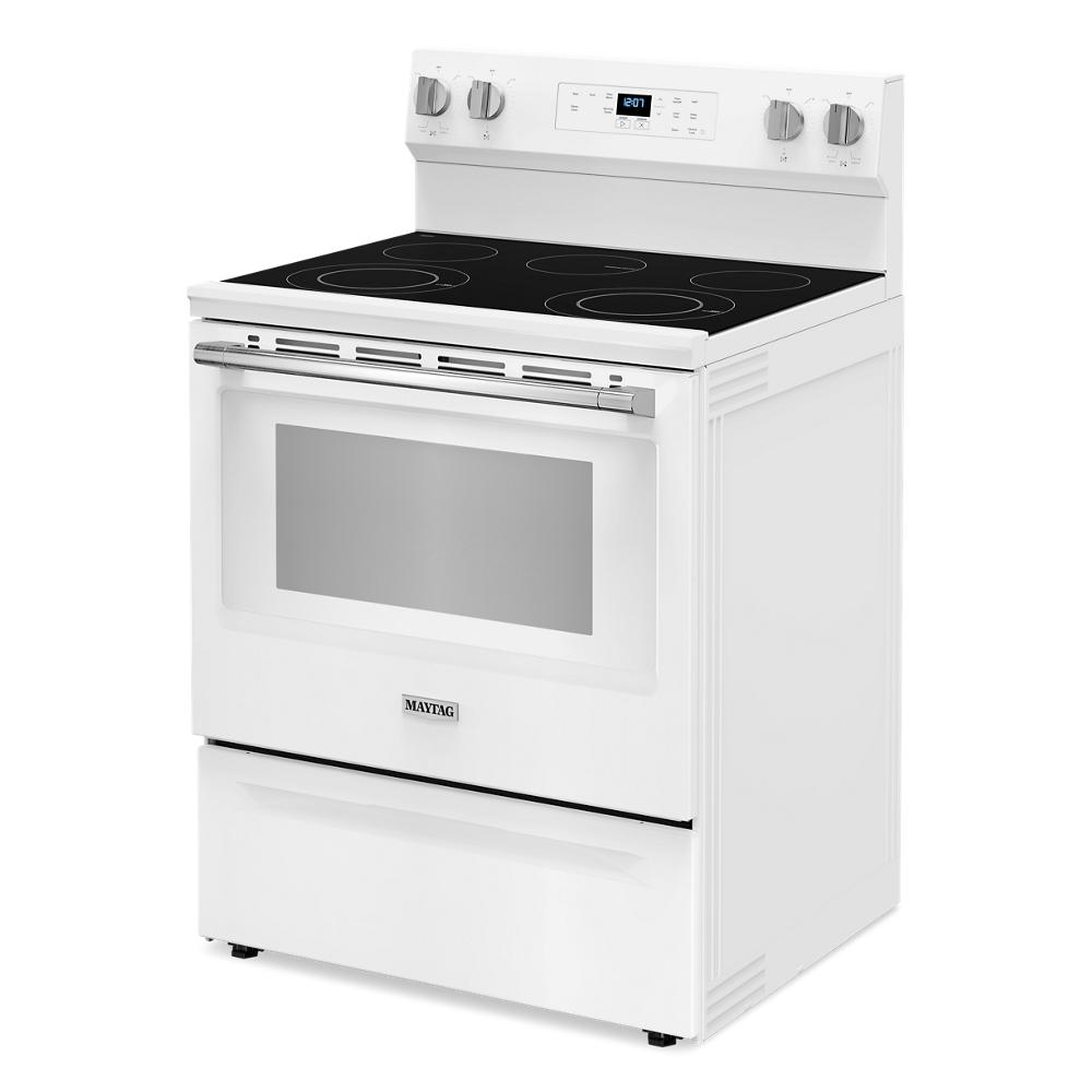 White electric range with smooth ceramic glass cooktop and front knobs from Ranges & Kitchenware collection