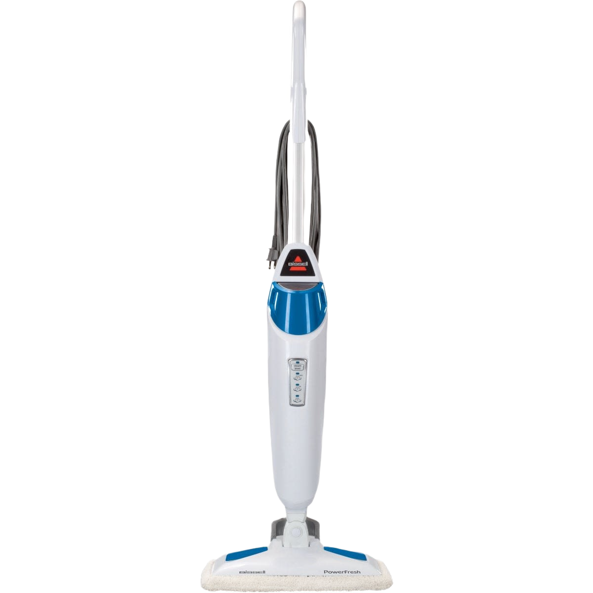 Electric steam mop with blue and white body and ergonomic handle for efficient home cleaning tasks