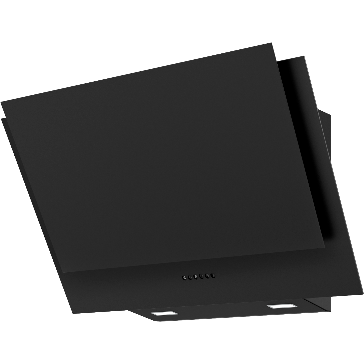 Black angled wall-mount range hood with capacitive touch controls and LED lighting in modern kitchen appliance category