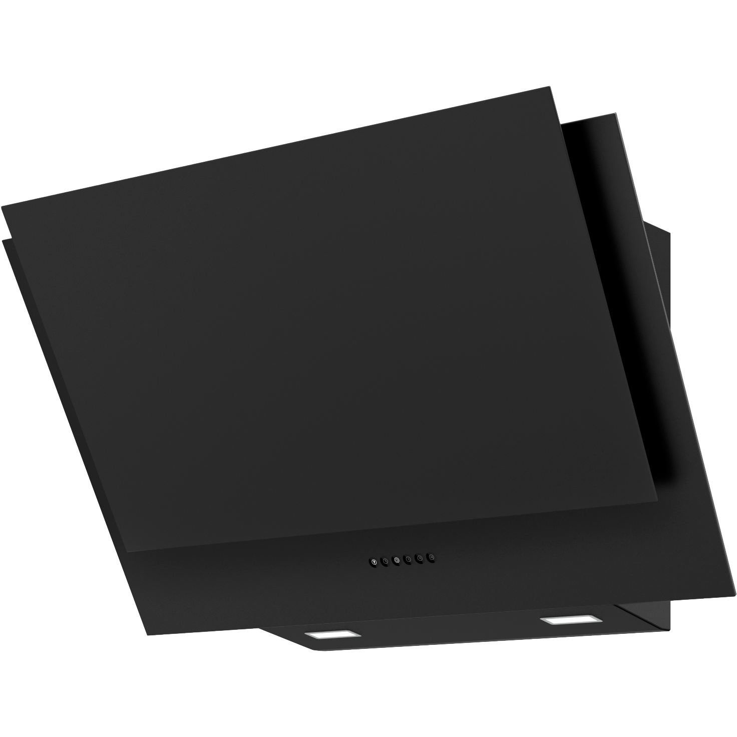 Black angled wall-mount range hood with capacitive touch controls and LED lighting in modern kitchen appliance category