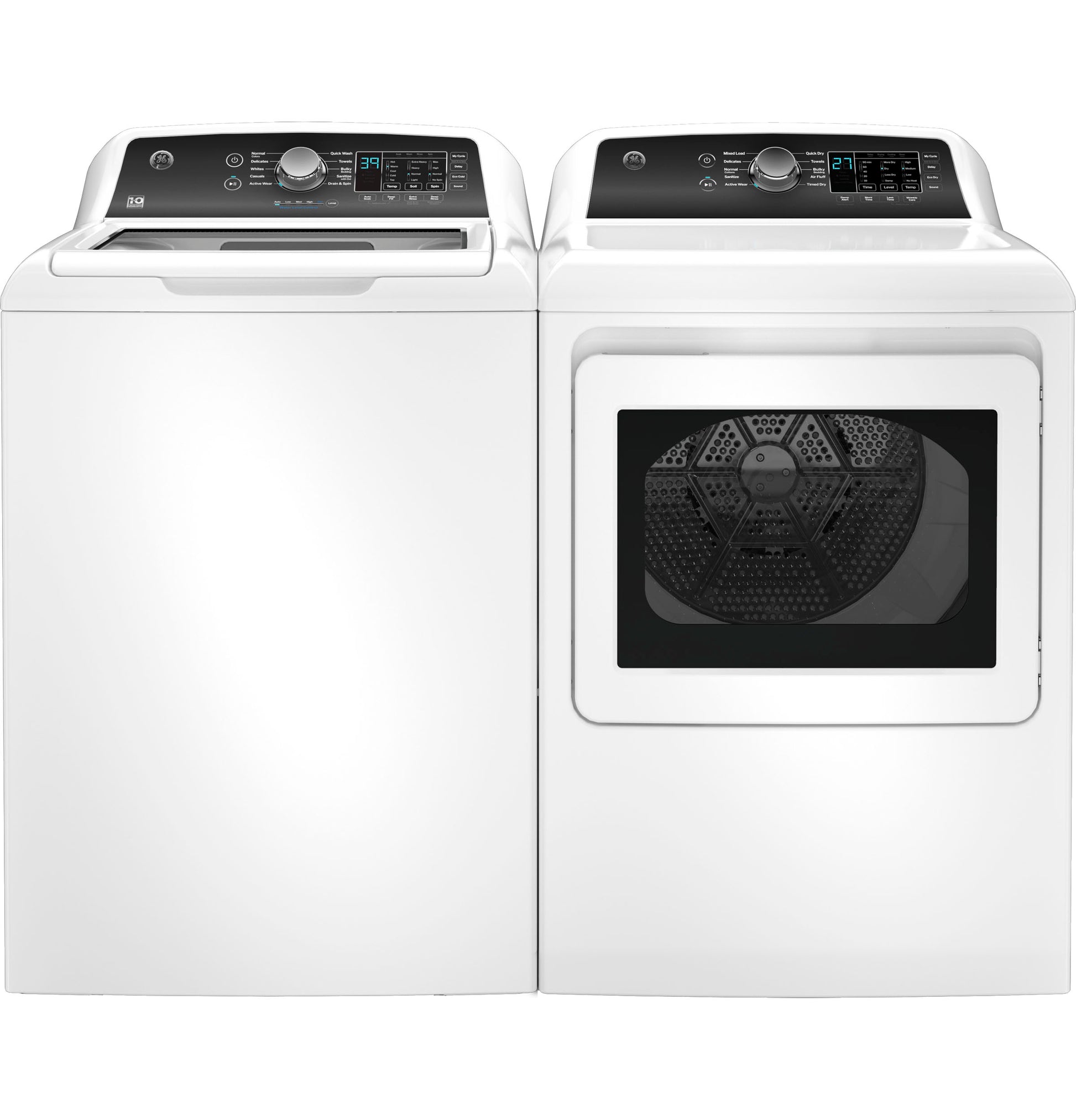 White washer and gas dryer set with digital control panels for washers and dryers in home appliances collection