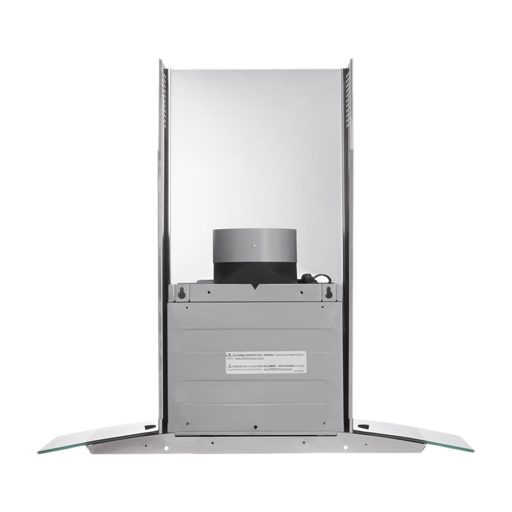 stainless steel wall mounted kitchen range hood with curved glass canopy and powerful ventilation fan