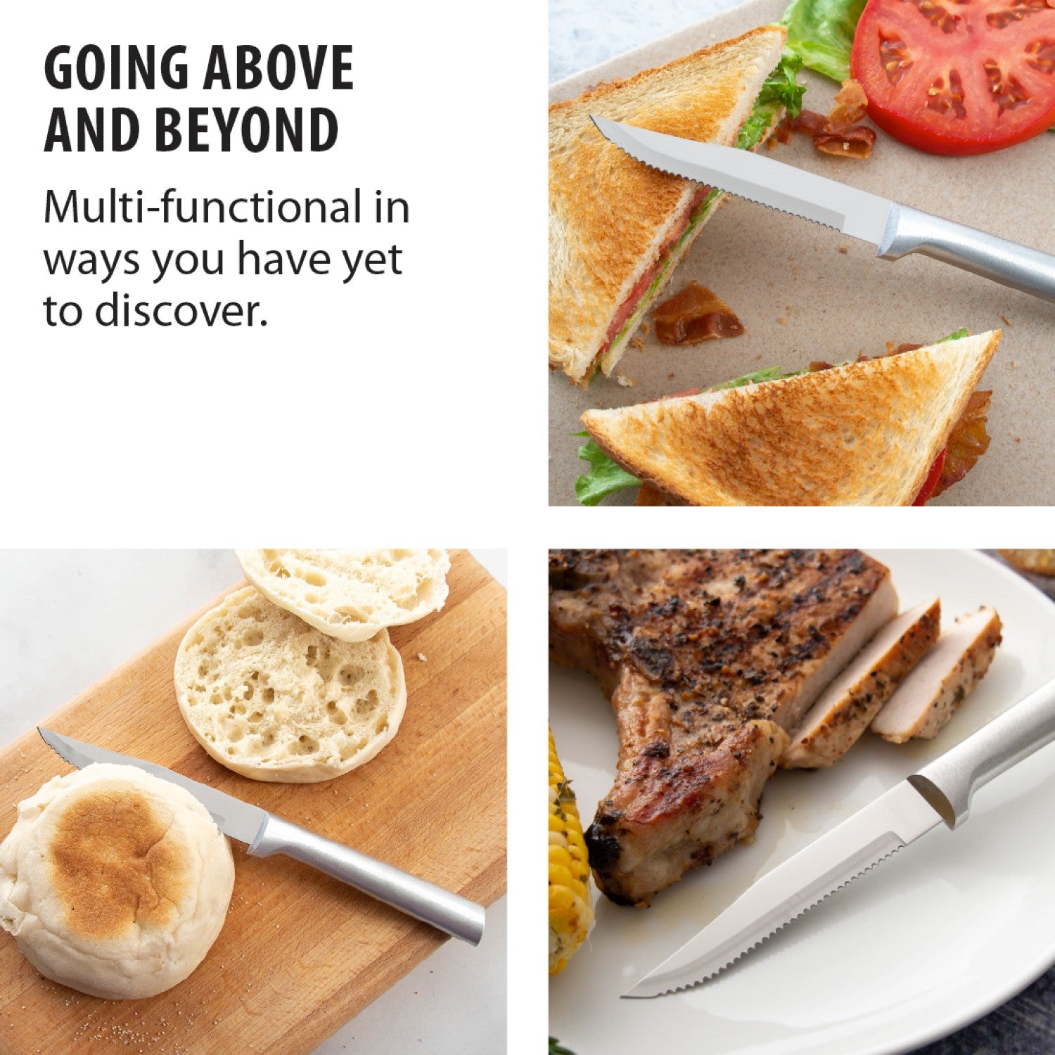 Serrated steak knife with a solid aluminum handle cutting toasted sandwich, English muffin, and grilled pork chop, ideal for Kitchenware and Cooking Utensils collections under $50.