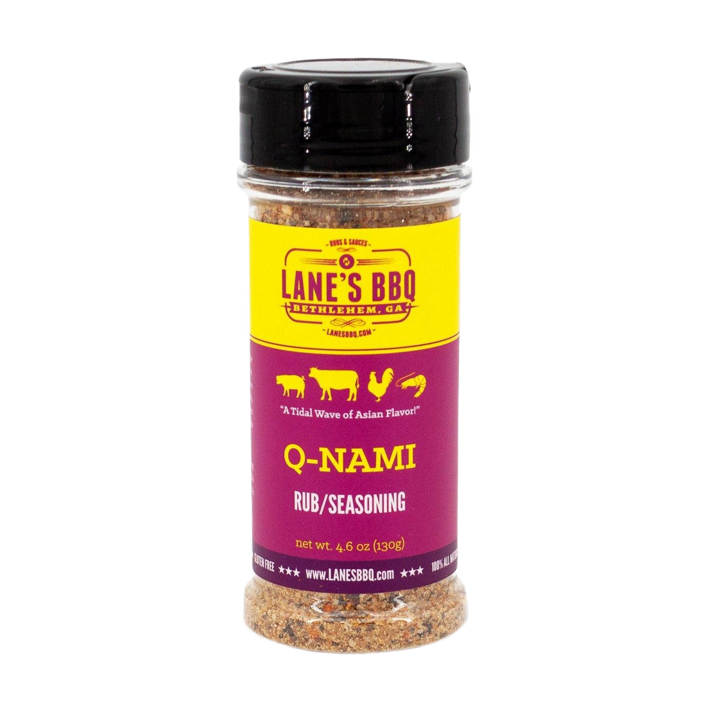 Clear plastic bottle of Lane's Q-NAMI rub with black lid, purple and yellow label for grilling and BBQ spices collections