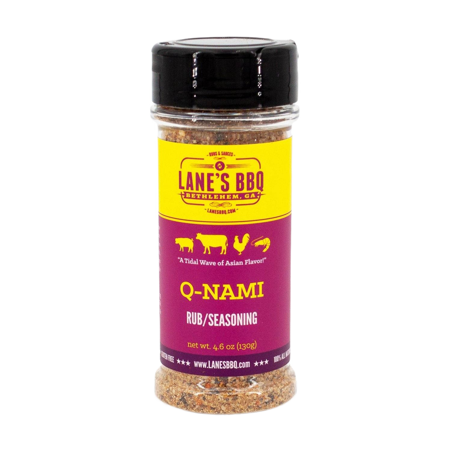 Clear plastic bottle of Lane's Q-NAMI rub with black lid, purple and yellow label for grilling and BBQ spices collections