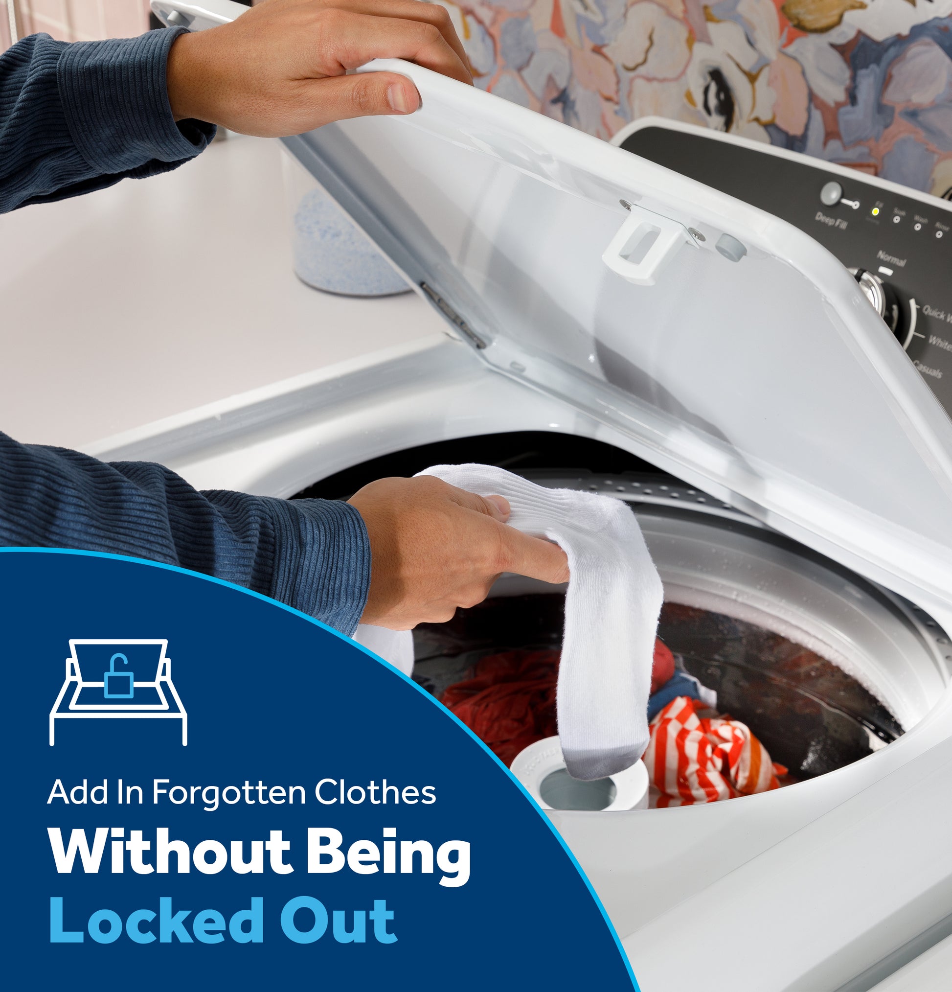 Person adding a sock to a top load washer mid-cycle illustrating the add clothes feature in washers collection