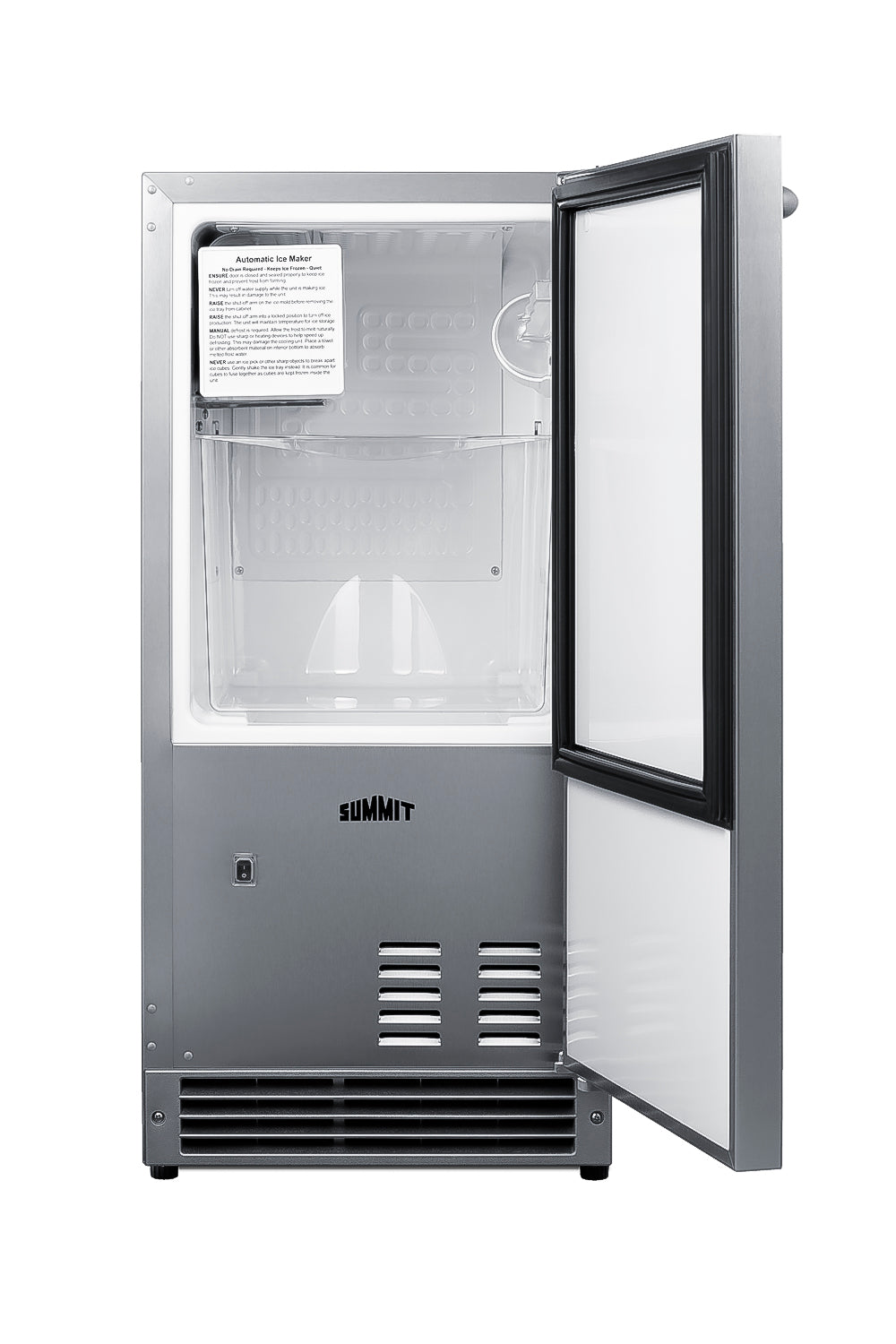 Front view of open stainless steel 25 lb. drain-free icemaker with clear interior in kitchen appliance setting