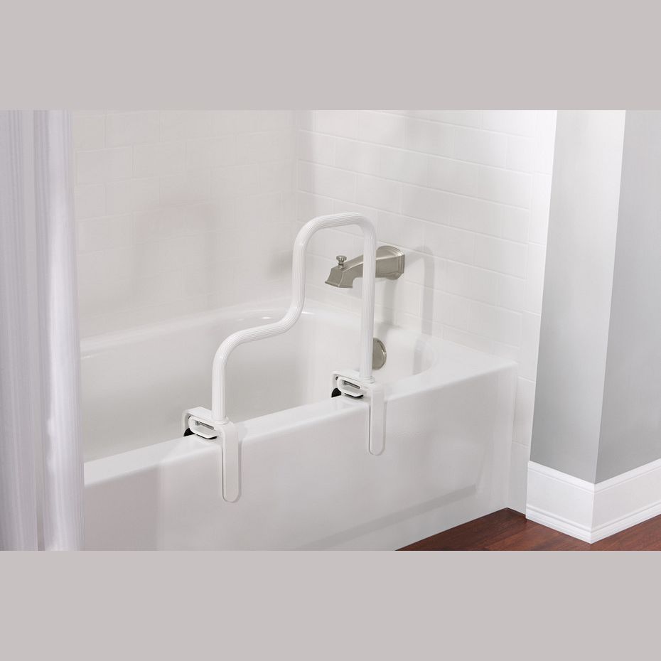 White multi-grip safety bar mounted on bathtub for bathroom accessibility and support under $50 collections