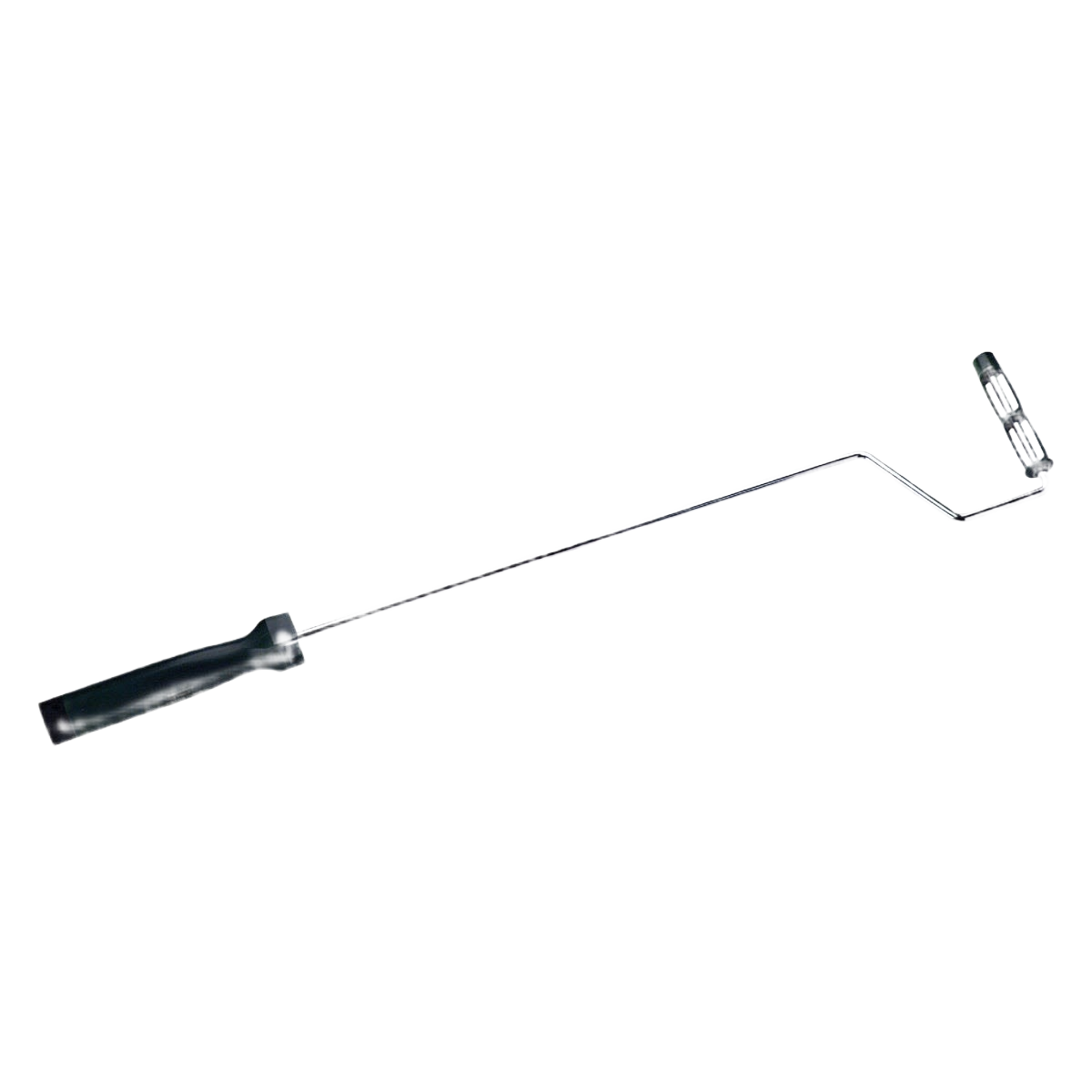 Black-handled paint roller frame with angled metal arm, suitable for use in home improvement and paint supplies collections
