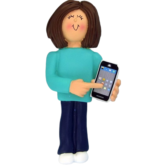 Female figure ornament in teal sweater holding smartphone with app icons for Christmas Ornaments & Tree Decorations under $50 collection