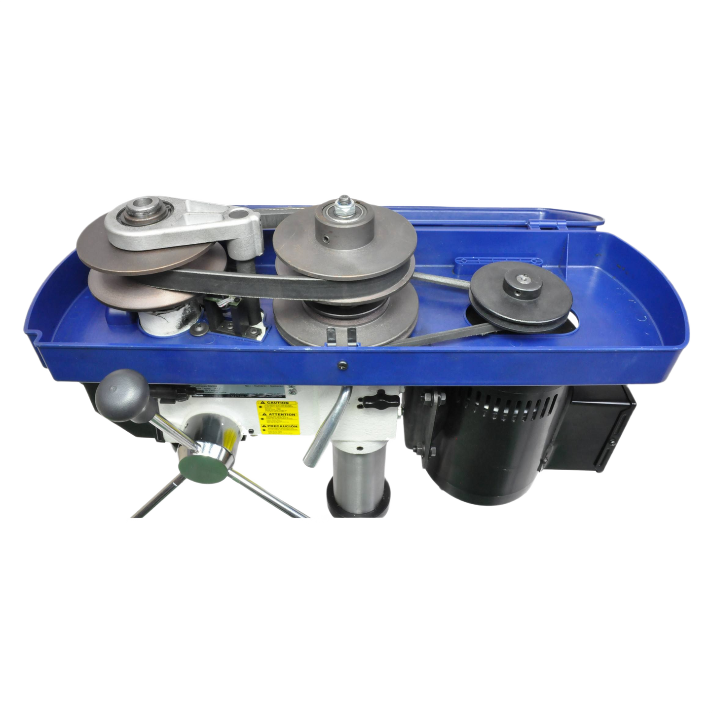 Variable speed benchtop drill press pulley system with blue protective cover for tools and home improvement use