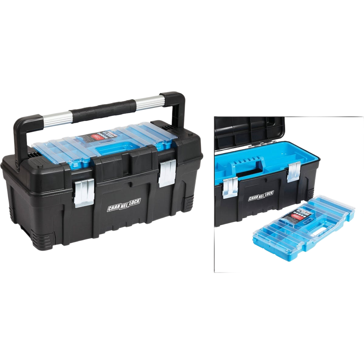 Black and blue portable tool storage box with removable 11-compartment plastic organizer for workshop organization