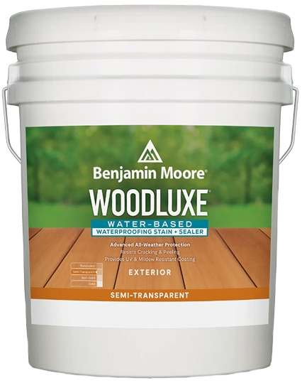 White 5-gallon pail of exterior water-based semi-transparent wood stain and sealer for home improvement tasks