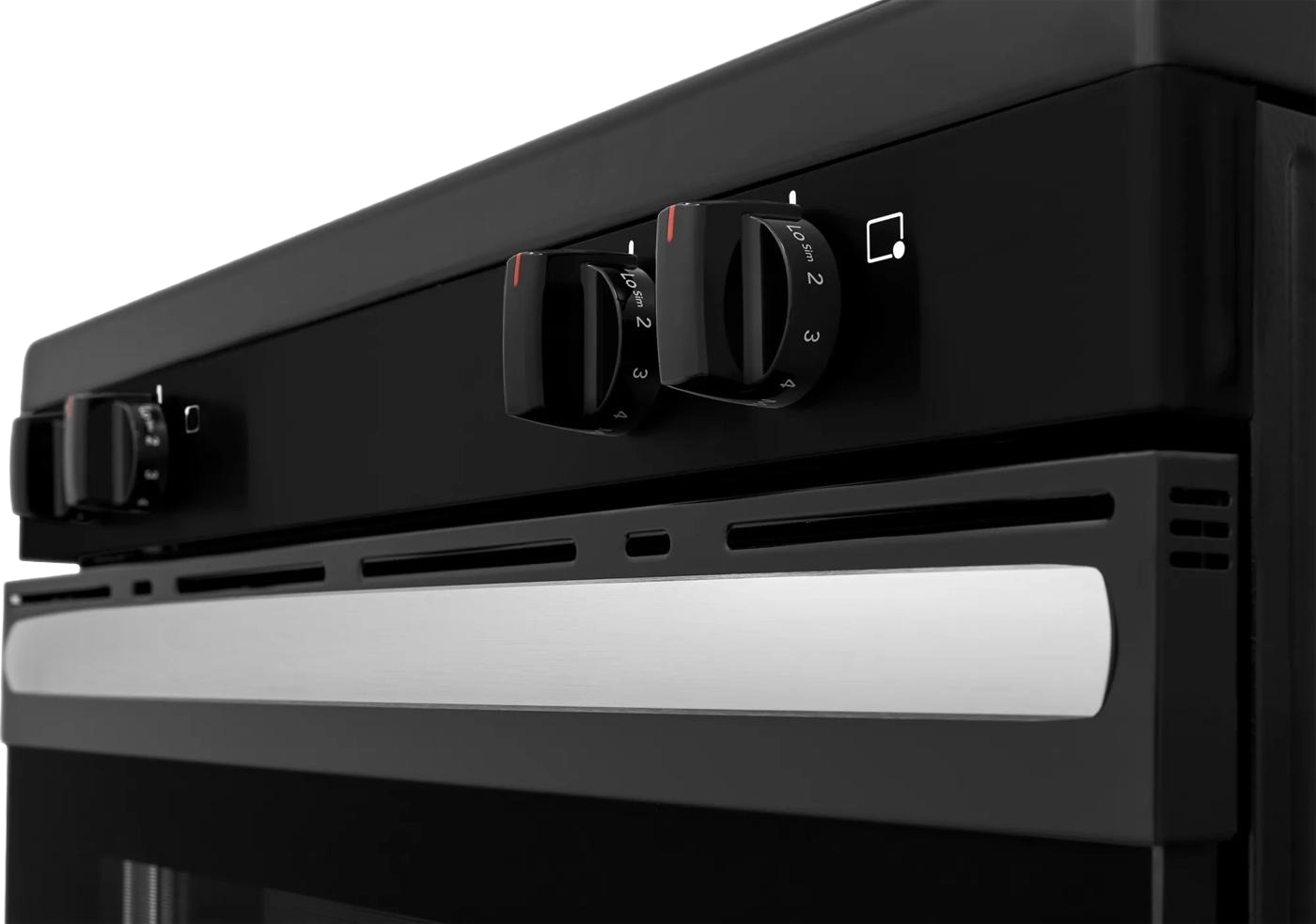 Close-up angled view of a black rear control panel on a 30-inch electric range featuring two control knobs and a stainless steel handle, in Ranges and Kitchen & Kitchenware collections.