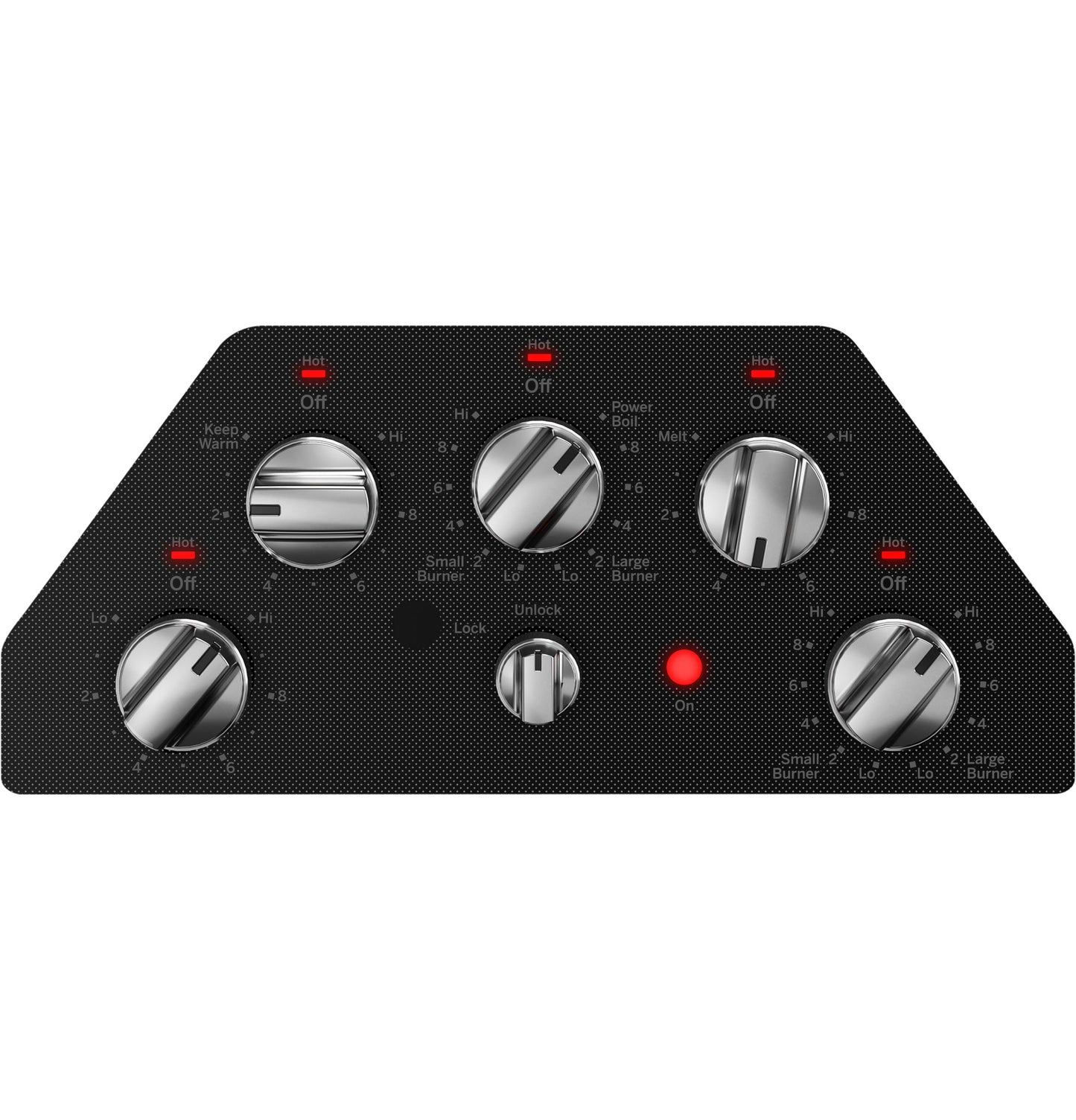Black electric cooktop control panel with six stainless steel knobs and red indicator lights from Appliances collections