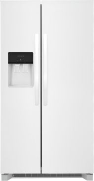 White side-by-side refrigerator with built-in water dispenser designed for kitchen and appliance use