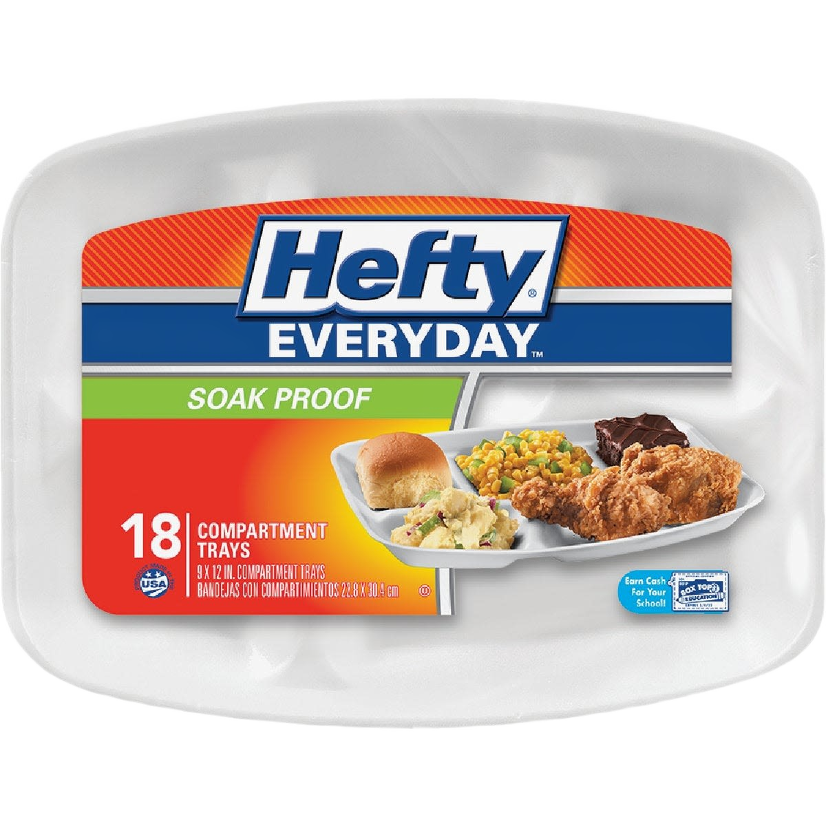 White foam compartment plate packaging showing three sections with serving of food on front label
