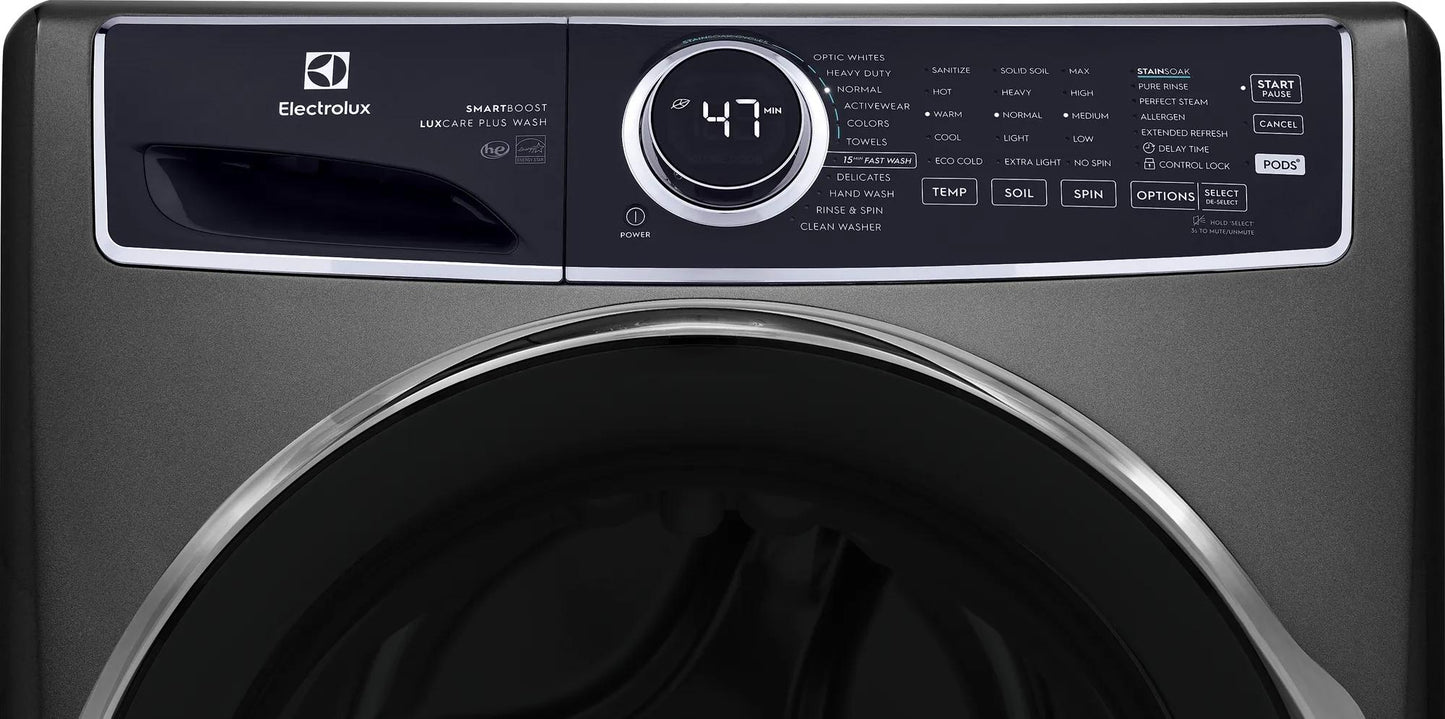Dark gray front load washer control panel showing digital timer and cycle settings from front load washers collection
