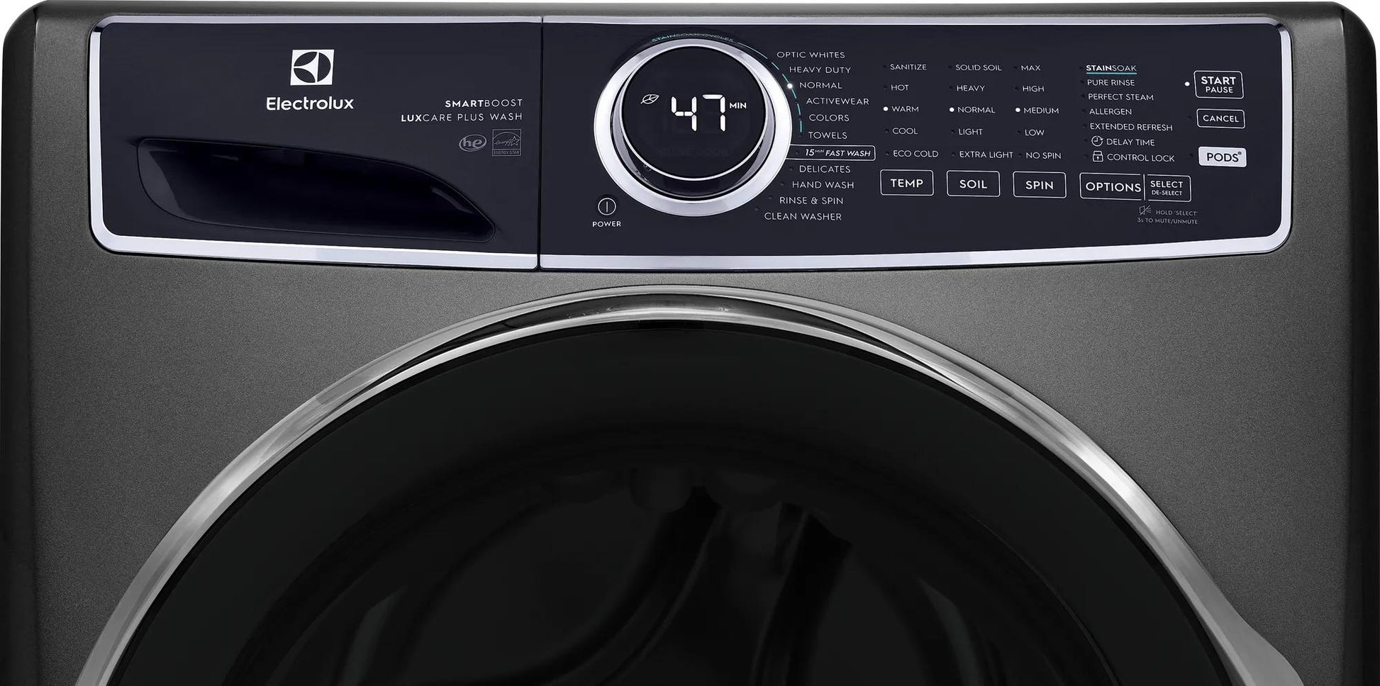 Dark gray front load washer control panel showing digital timer and cycle settings from front load washers collection
