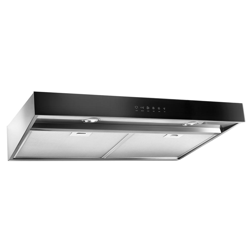 30-inch black range hood with stainless steel filters, LED lights, and three-speed ventilation for kitchen improvement