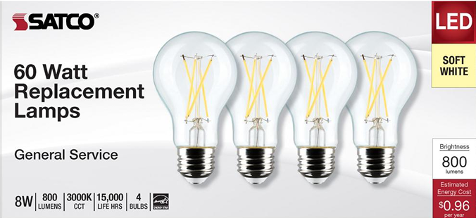 Pack of four clear A19 LED bulbs with soft white light and medium base for lighting and electrical use