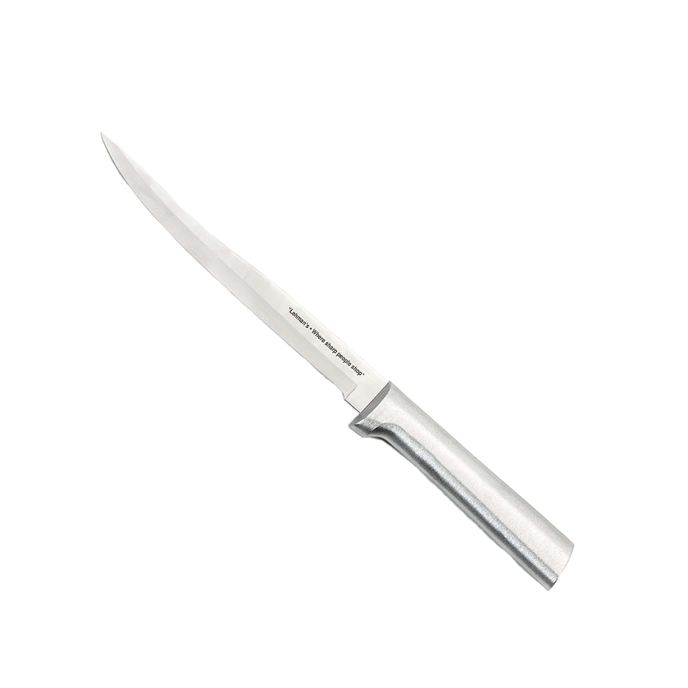 Sleek stainless steel boning knife with full tang and smooth handle, ideal for kitchenware and cooking utensils collections.