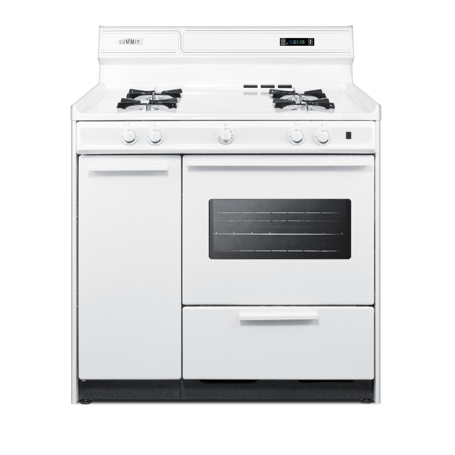 White 36-inch wide gas range with four burners, oven window, and control knobs, part of kitchen appliances collection