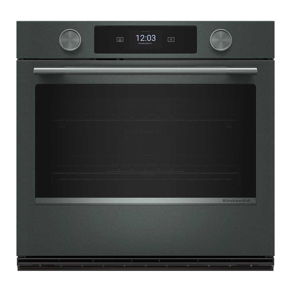 Front view of 30-inch smart electric single wall oven with LED touchscreen and stainless steel accents from Wall Ovens collection