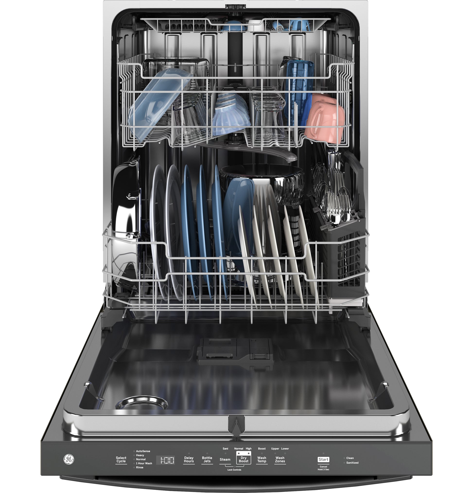 Open GE stainless steel interior dishwasher loaded with dishes and cups from kitchen appliances collection