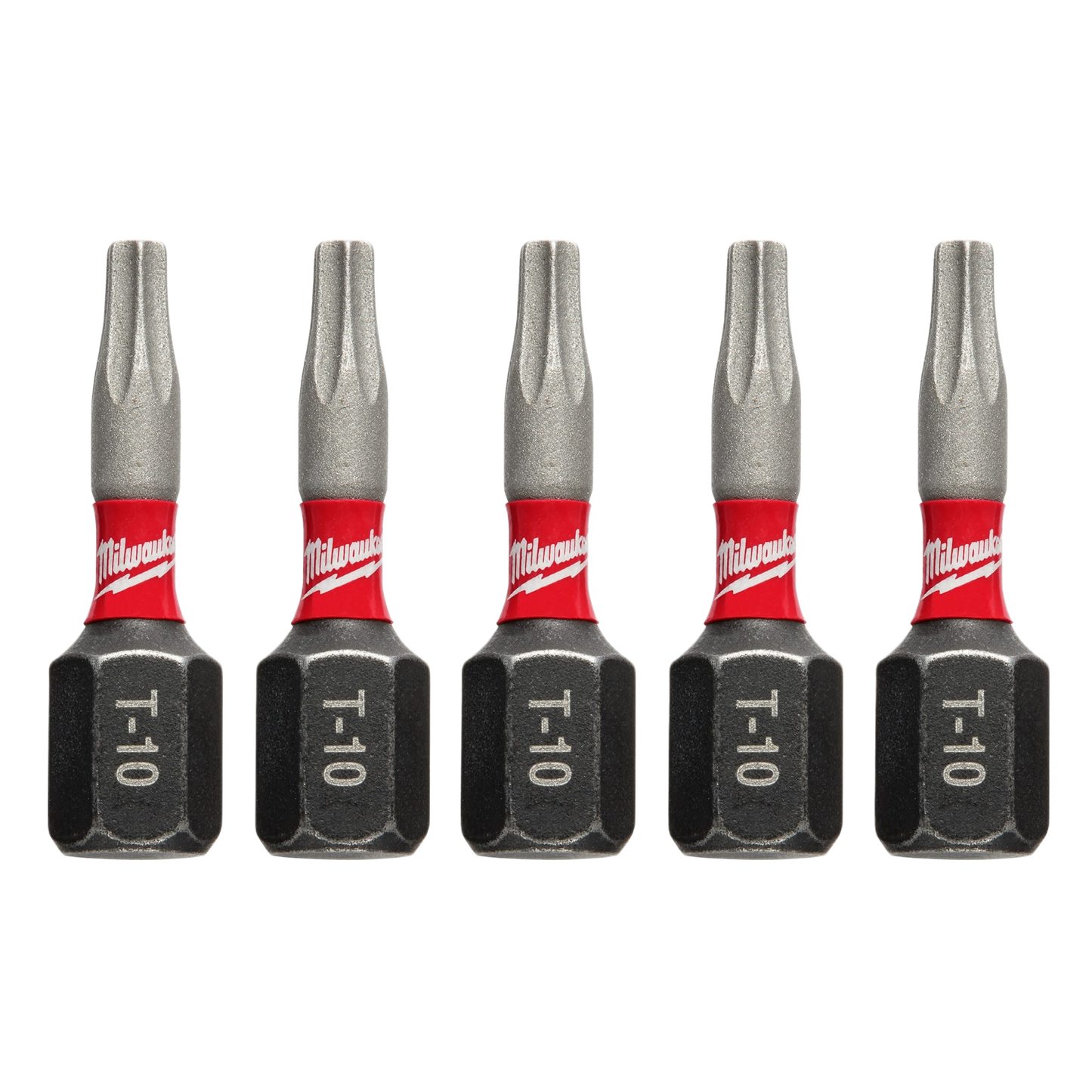 Set of five impact duty T10 TORX bits with red and black design for power tool accessories and home improvement tasks
