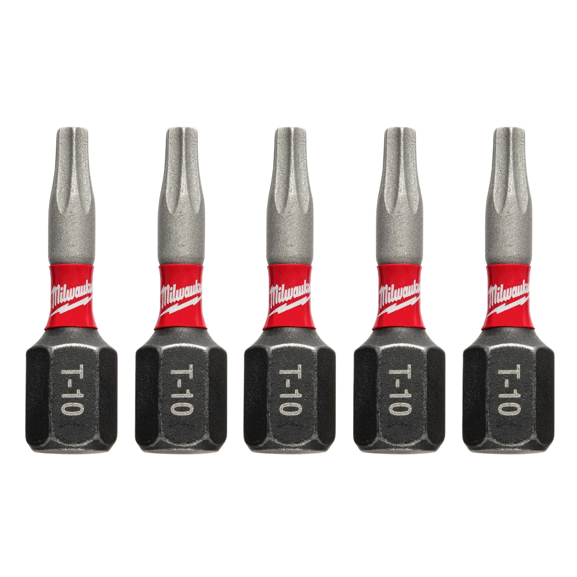 Set of five impact duty T10 TORX bits with red and black design for power tool accessories and home improvement tasks