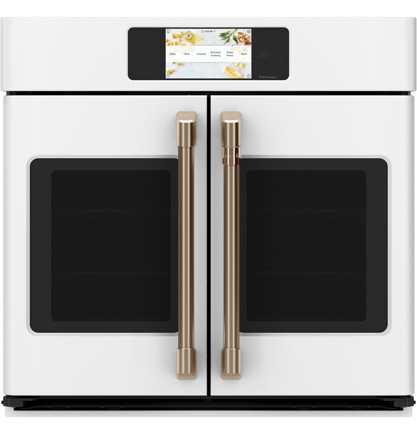 White built-in convection wall oven with dual French doors, brass handles, and digital touchscreen control panel
