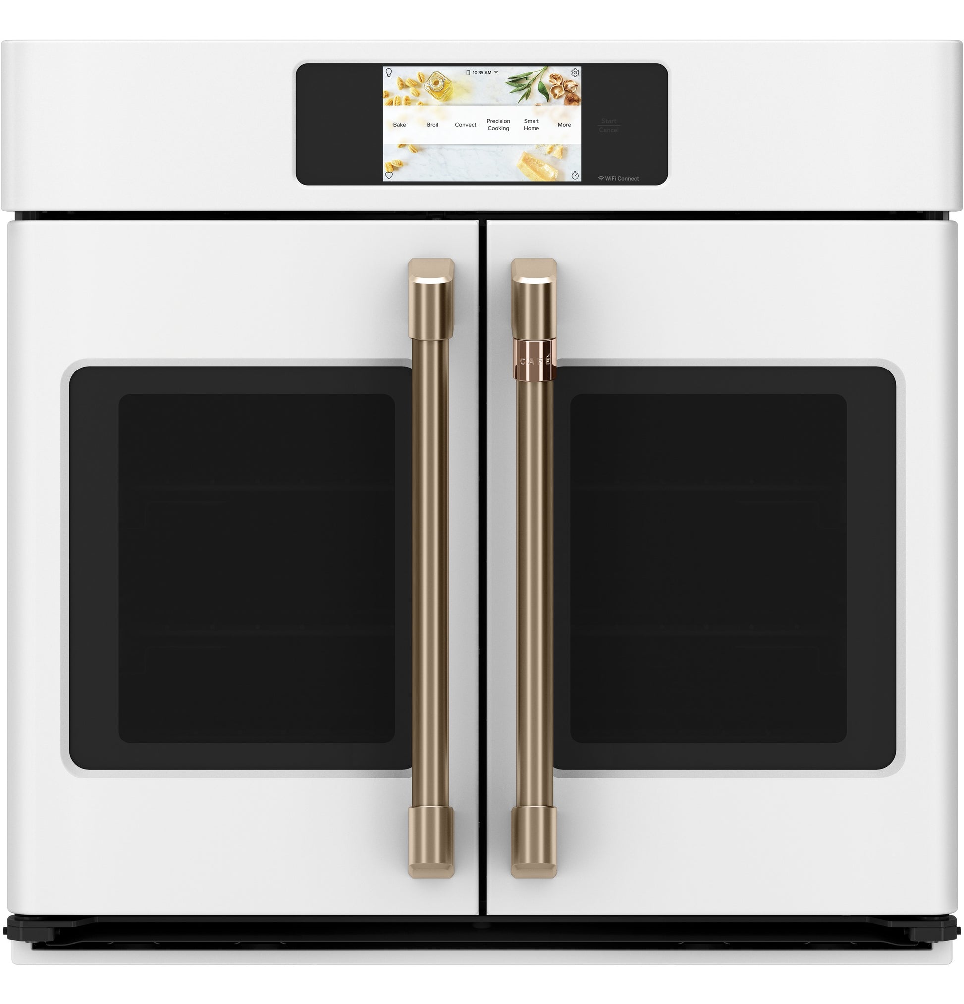 White built-in convection wall oven with dual French doors, brass handles, and digital touchscreen control panel