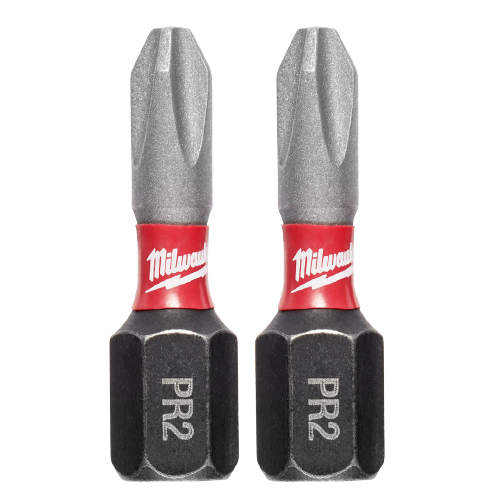 Pair of Milwaukee impact duty PH2 drywall Phillips screwdriver bits with Wear Guard Tip technology for tool accessories