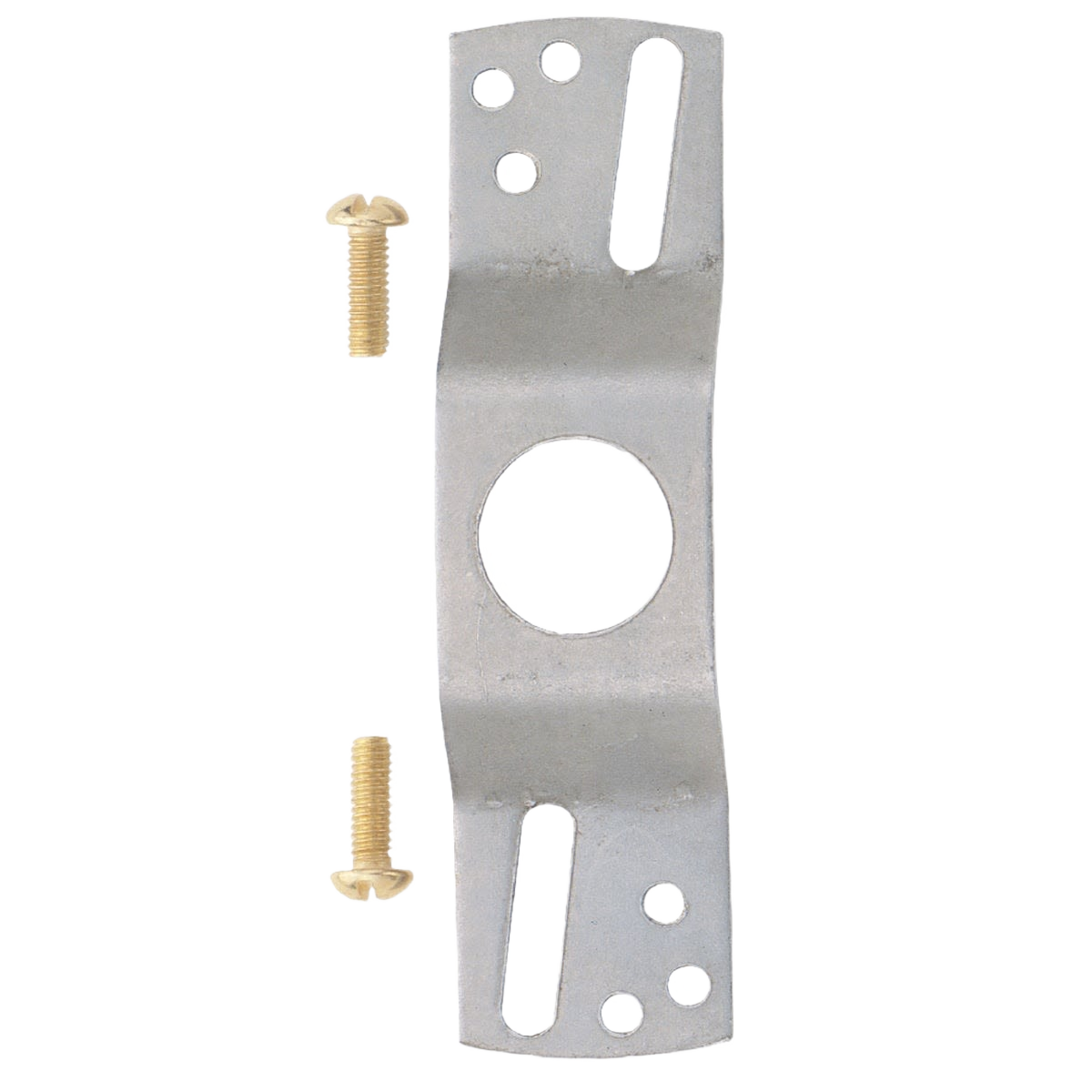 Silver metal offset cross bar with mounting holes and two brass screws for electrical and lighting projects under $50 collection
