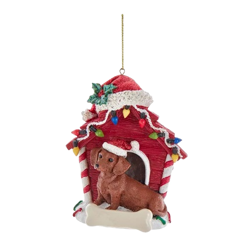 Brown dachshund figurine wearing Santa hat inside red dog house decorated with colorful Christmas lights ornament