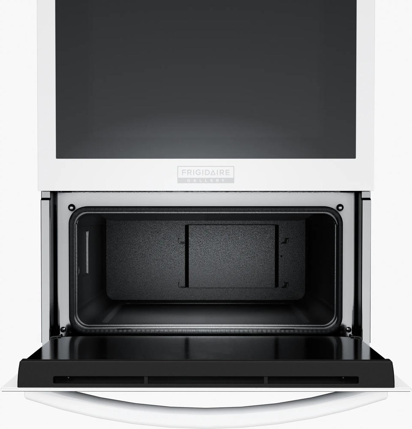 Open white gas wall oven with air fry feature and clean stainless steel interior from Wall Ovens collection