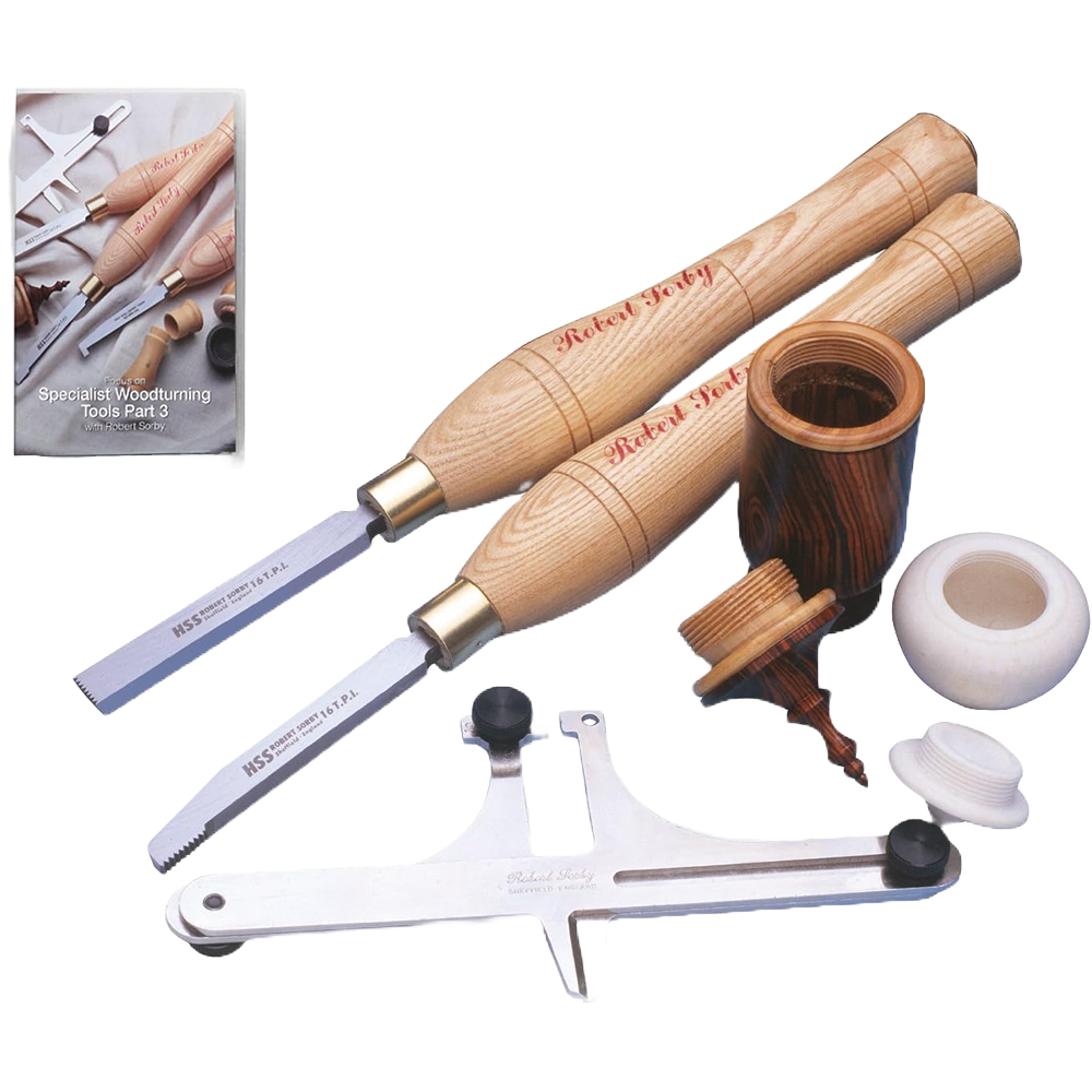 Woodturning thread cutting tool set with wooden handles, precision tools, gauge, and wooden and plastic accessories