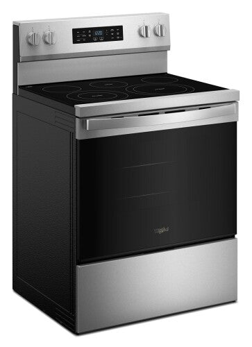 30-inch stainless steel electric range with black glass door, digital control panel, and smooth cooktop in kitchen appliances collection