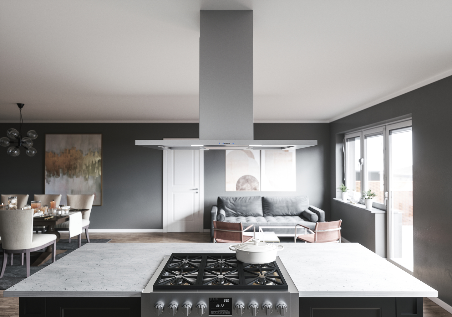 Stainless steel island range hood with glass canopy and LED lighting above a modern cooktop in a contemporary kitchen setting
