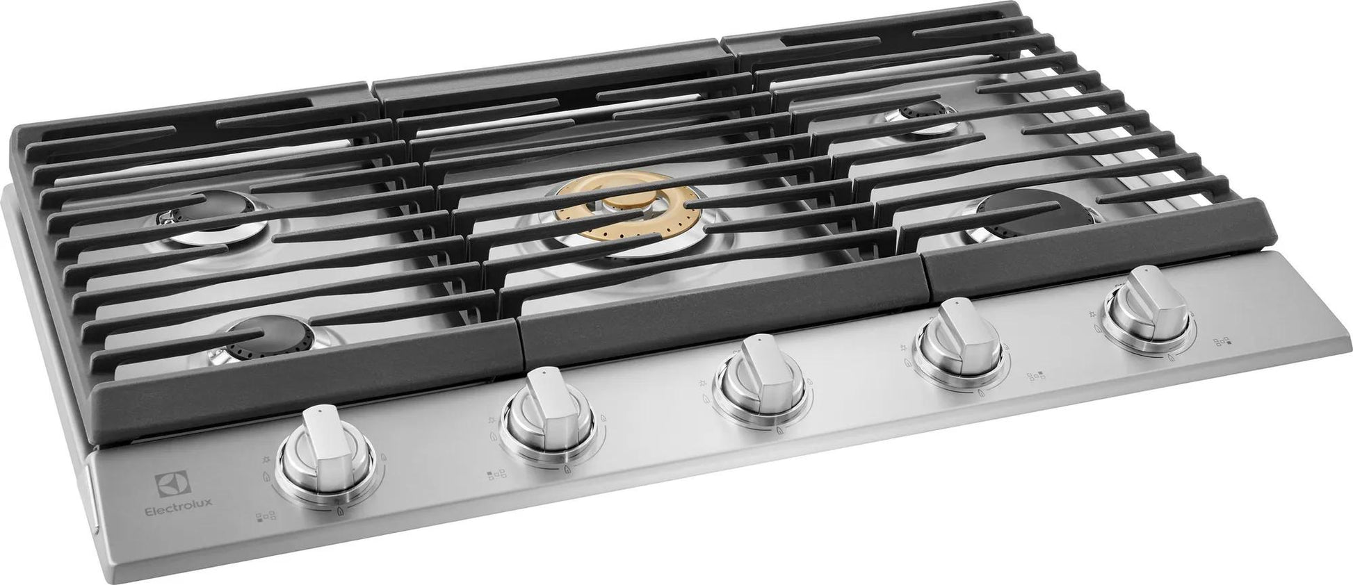 36-inch stainless steel gas cooktop with five burners and brass power burner for precise kitchen cooking control
