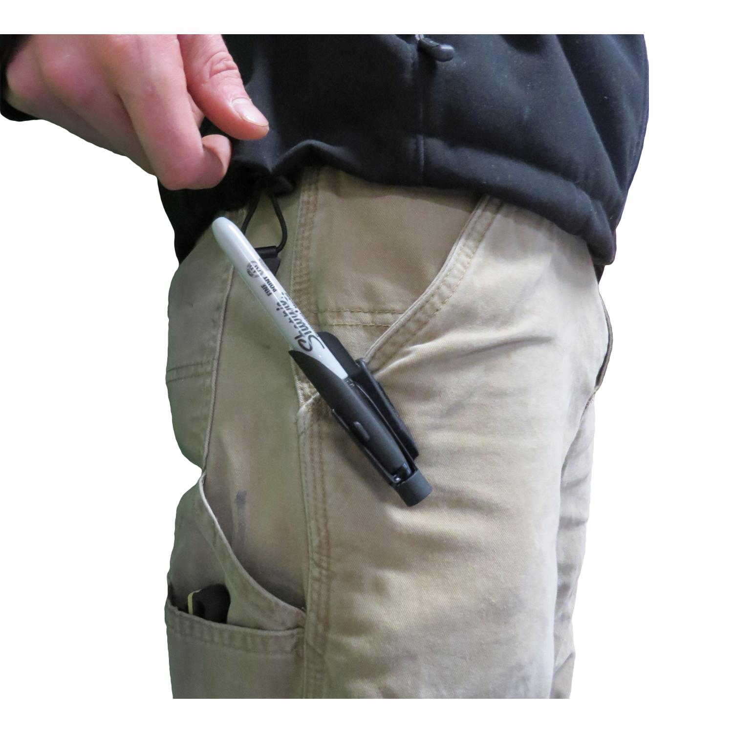Black clip-on holster with silver marker attached to beige work pants pocket for woodworking and hand tools collection