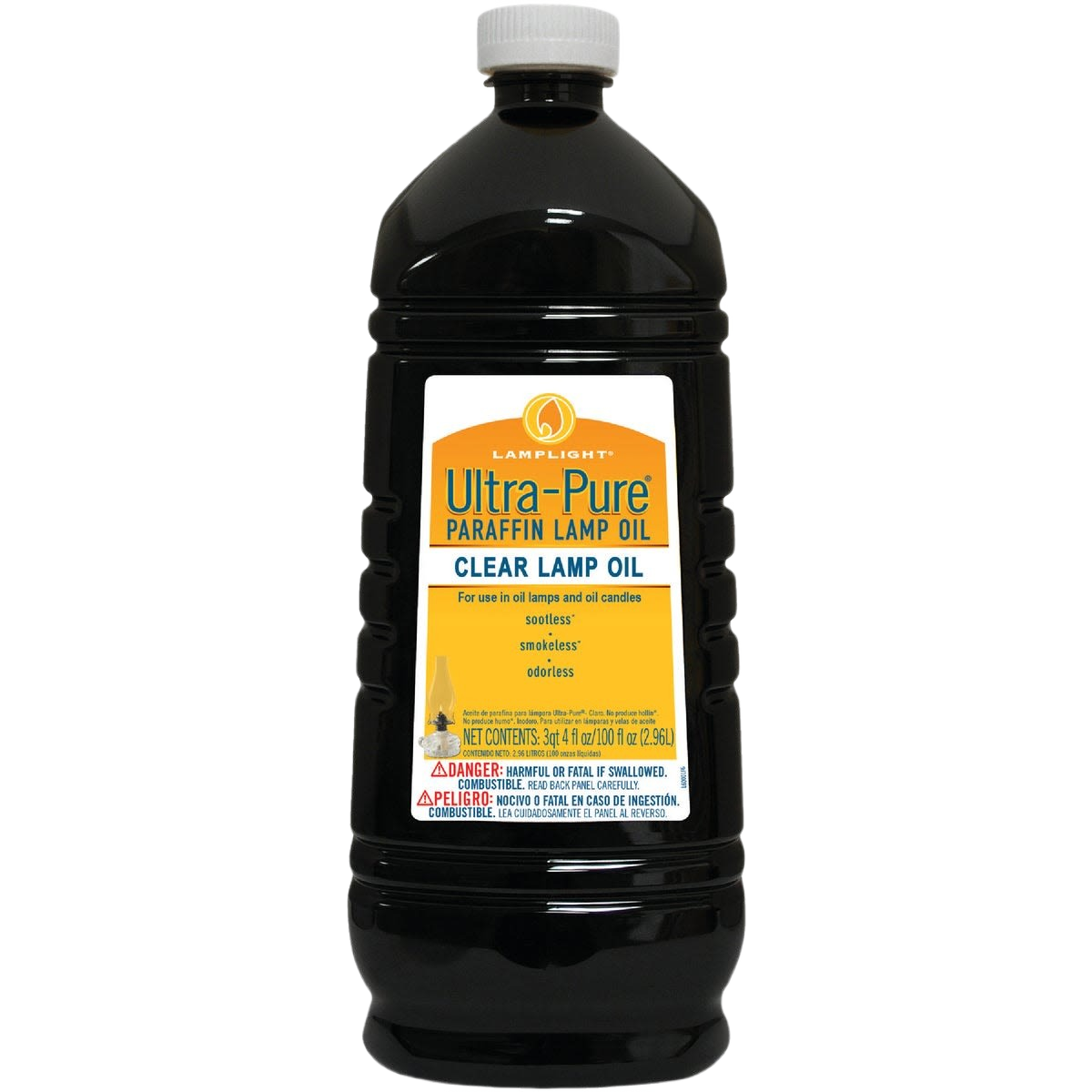 Clear paraffin lamp oil in black plastic bottle for sootless, smokeless, and odorless flames in home decor lighting.